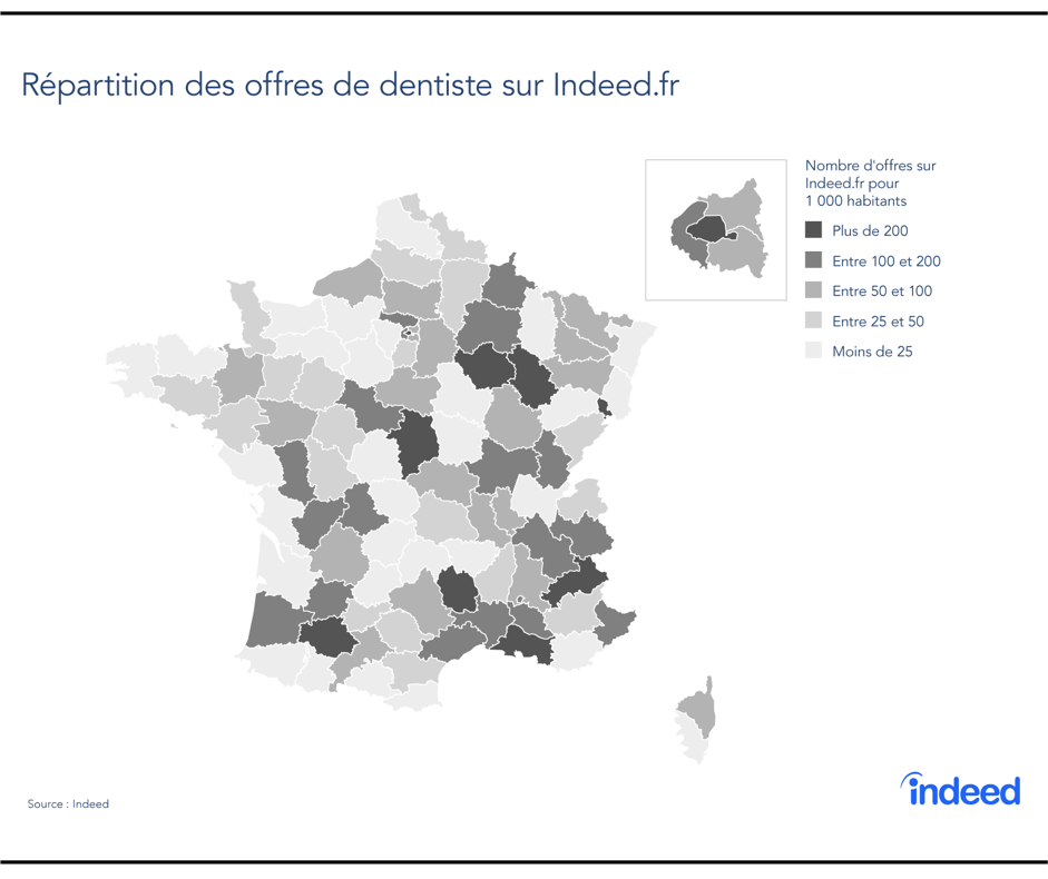 Répartition des offres de dentiste sur Indeed.fr