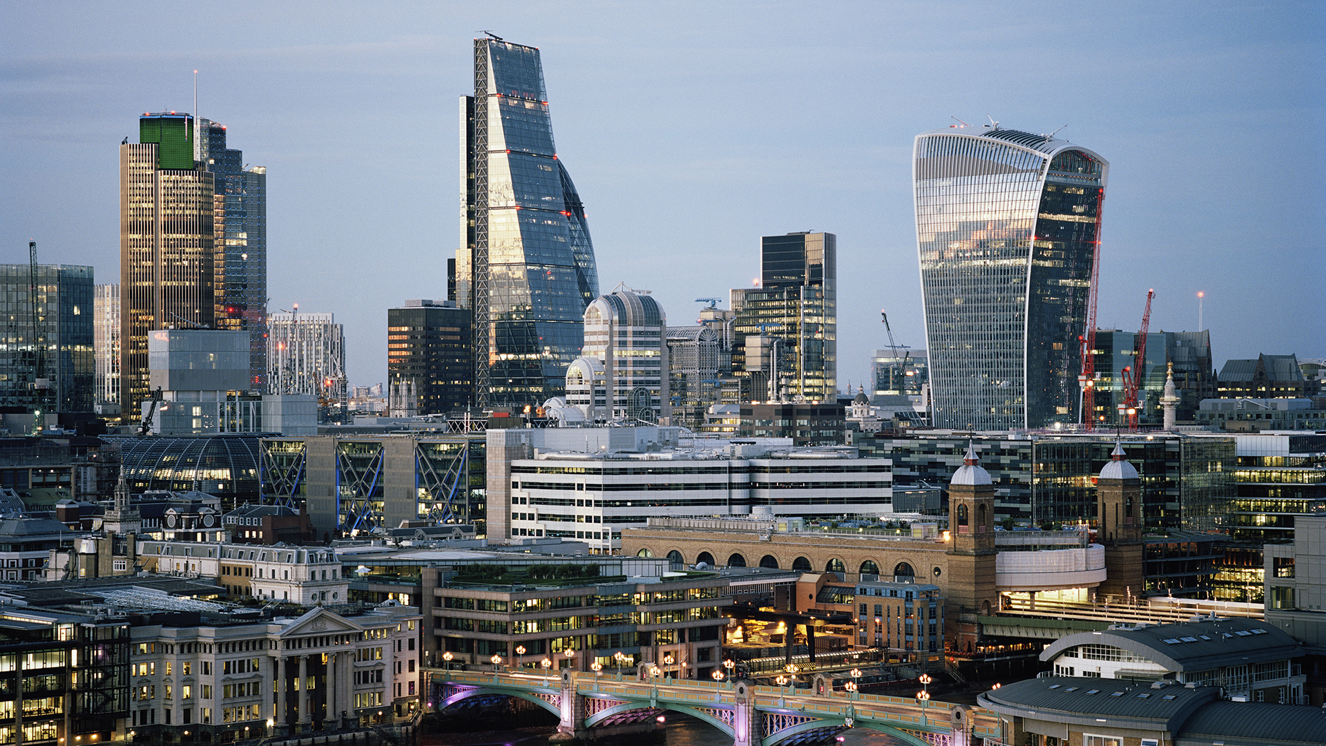 UK,London,City of London skyscrapers along River Thames