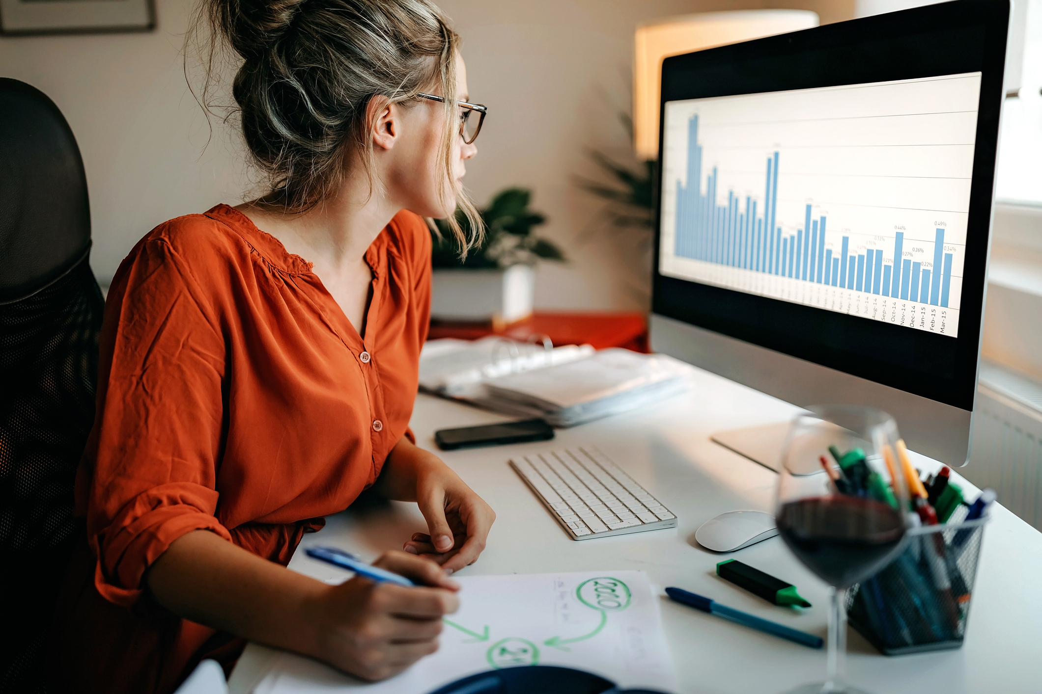 Person looking at bar graph on computer screen, working late in the office