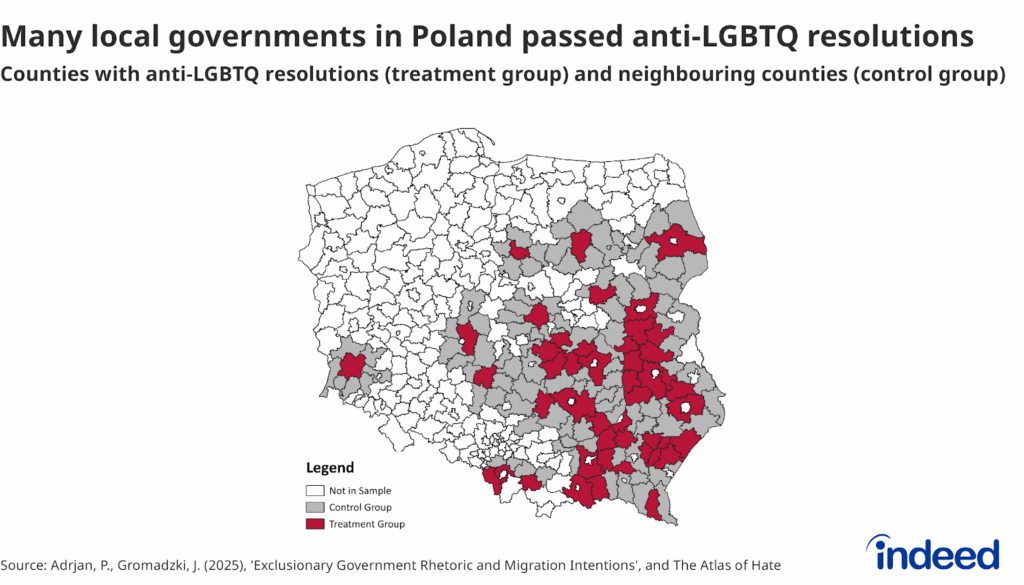 Heatmap showing counties in Poland with anti-LGBTQ resolutions (treatment group) and neighbouring counties (control group).