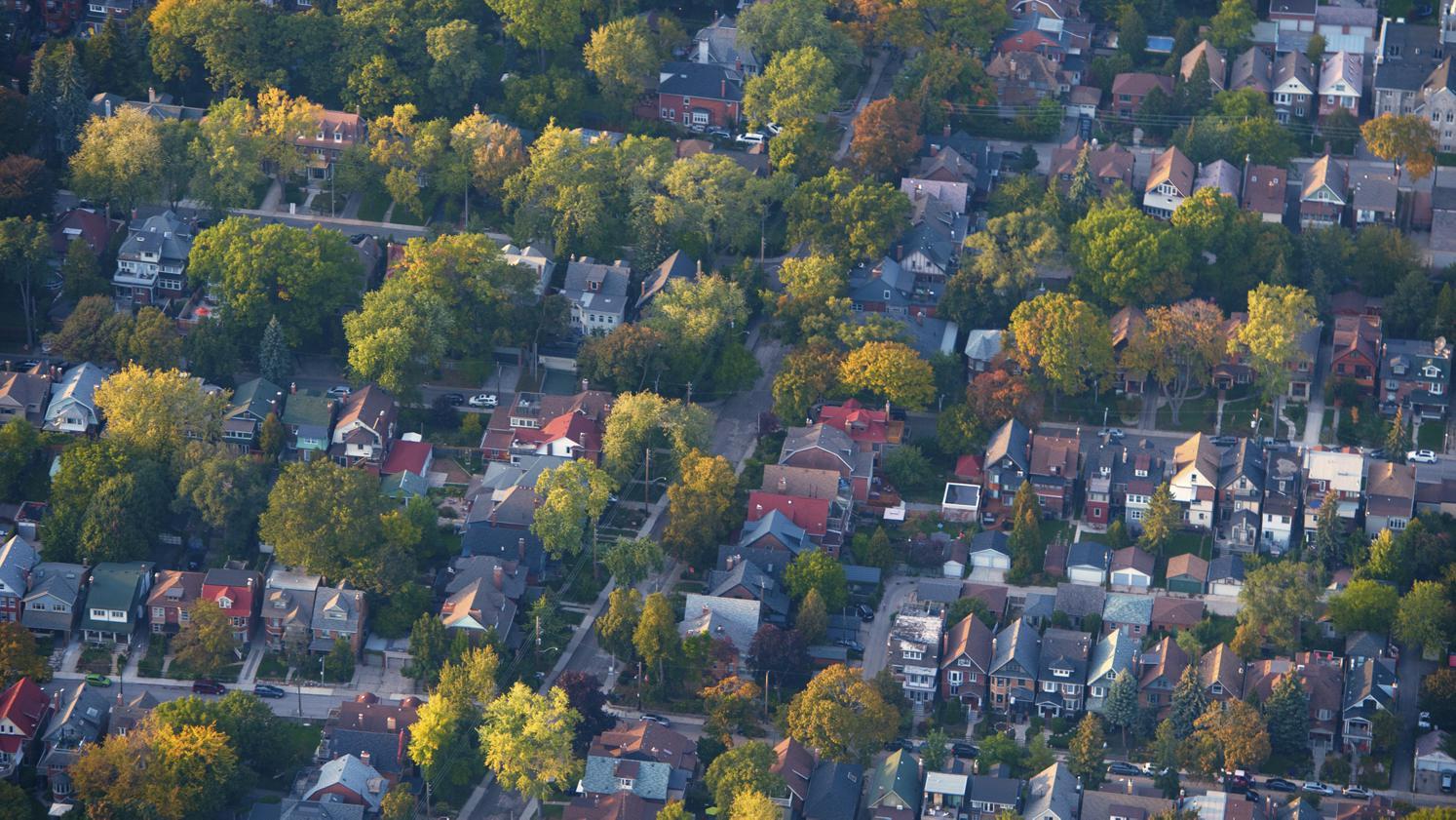 An aerial view of tree-lined, residential streets.