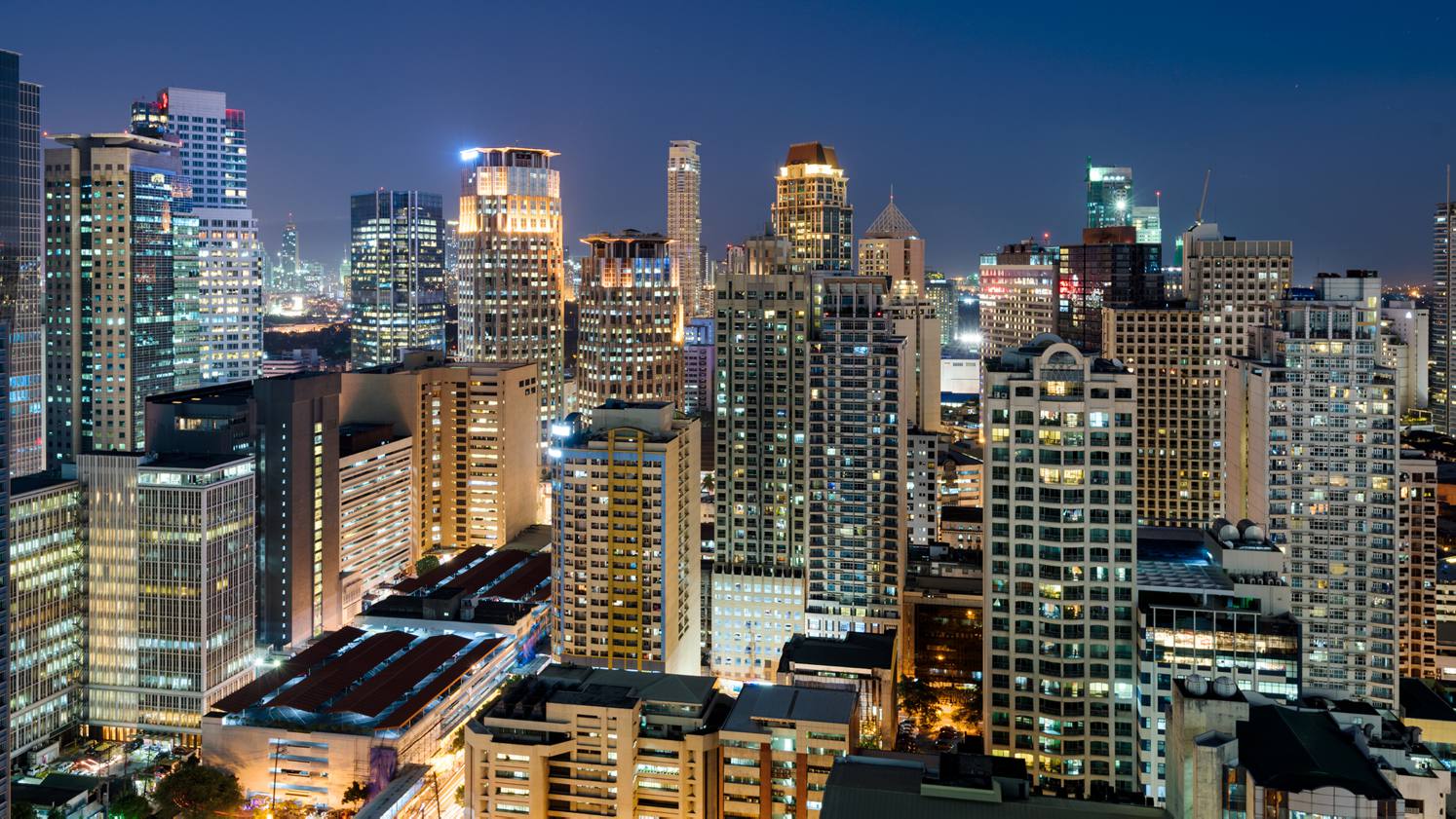 City skyline at night.