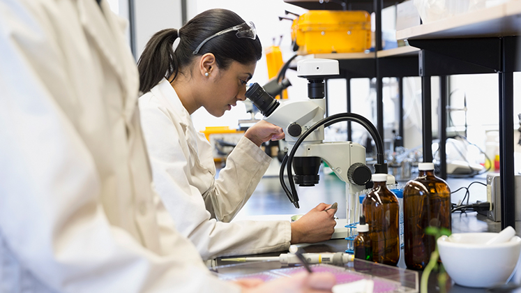 A scientist looking through a microscope.