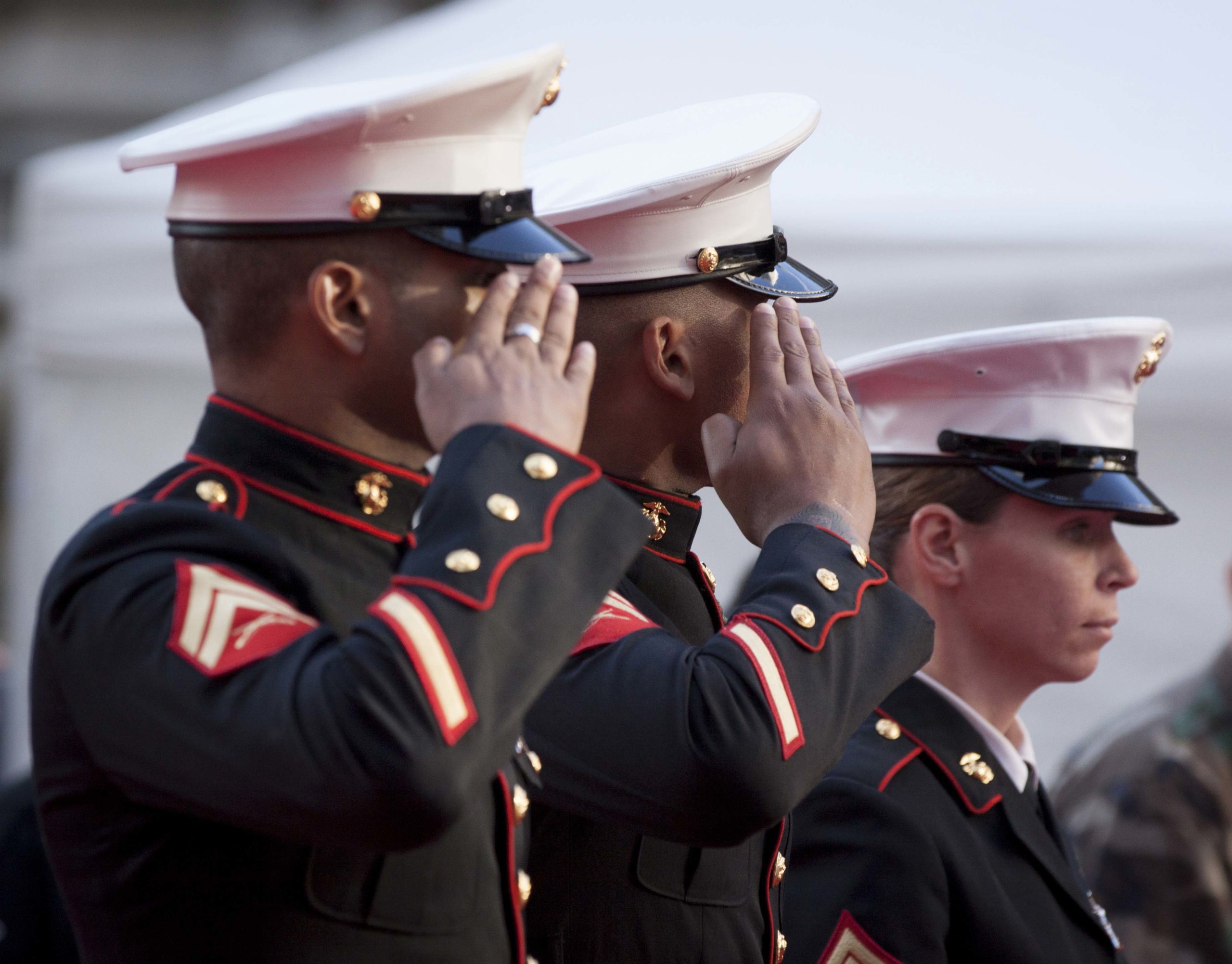 Two US Marines salute as they march past the VIP stage during the 2014 America's Parade held on Veterans Day in New York City on November 11, 2014.