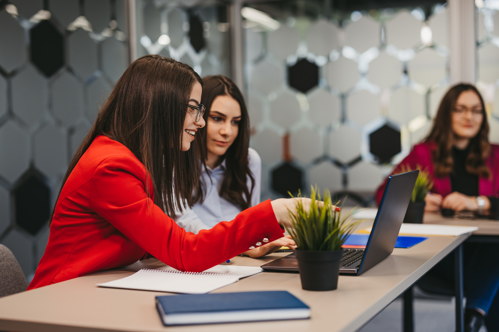 Young coworkers working on laptop at modern office