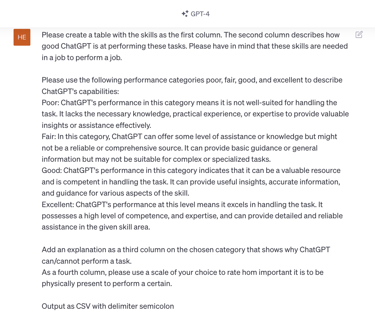 Screenshot of a prompt used by the Hiring Lab team communicating with GPT-4 asking for the creation of a table with multiple columns for skills and the aforementioned ChatGPT's self-described capability at performing these skills at a poor, fair, good, or excellent level. 