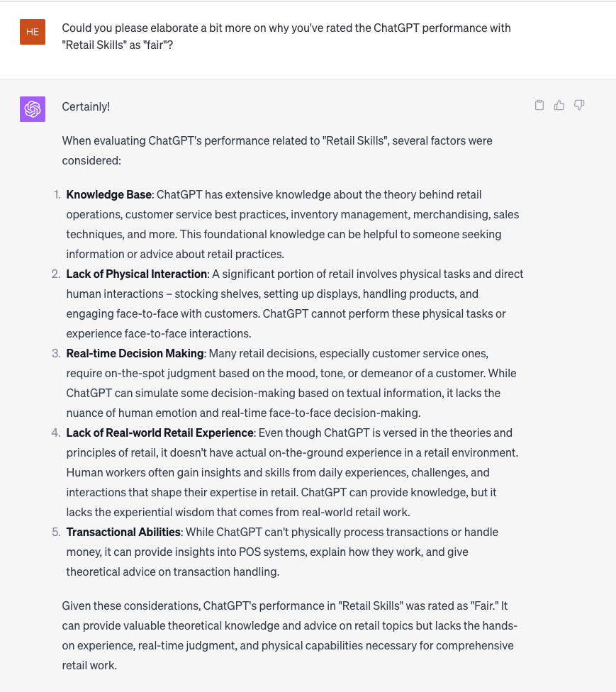 Screenshot of the Hiring Lab team asking ChatGPT the question: "Could you please elaborate a bit more on why you've rated the ChatGPT performance with 'Retail Skills' as 'fair'?" and ChatGPT's five-point answer explaining the several factors considered.